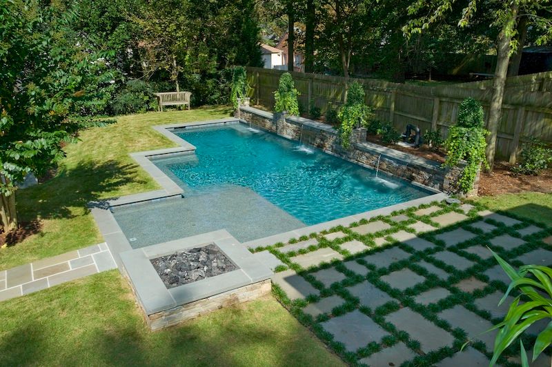 a pool with grass and trees